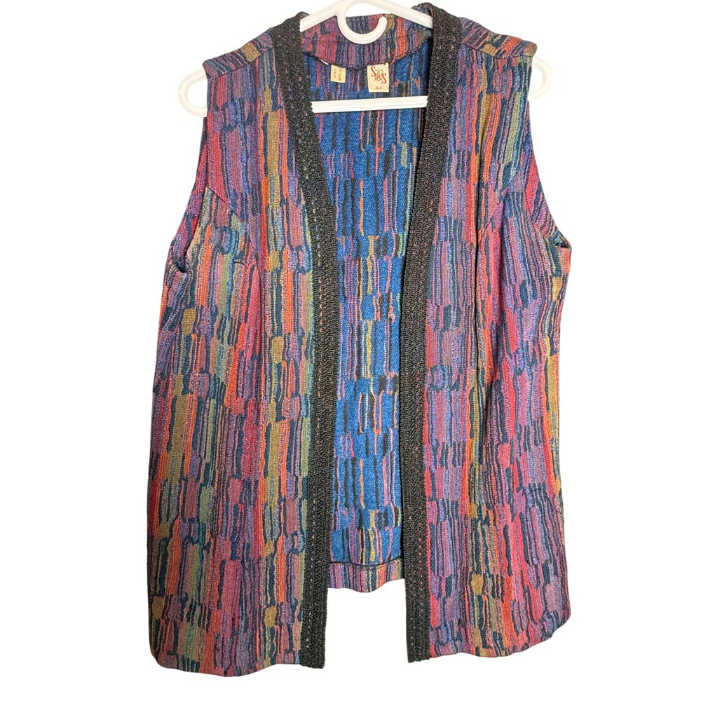 70s SAS Vtg Open Front Tapestry Vest Multicolor Woven Sleeveless Braided Trim